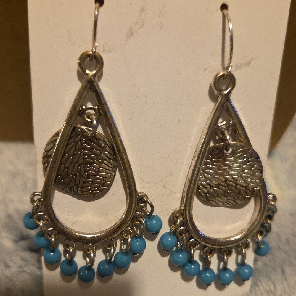 Coastal Cowgirl Inspired Silver Teardrop Earrings with Blue Beads